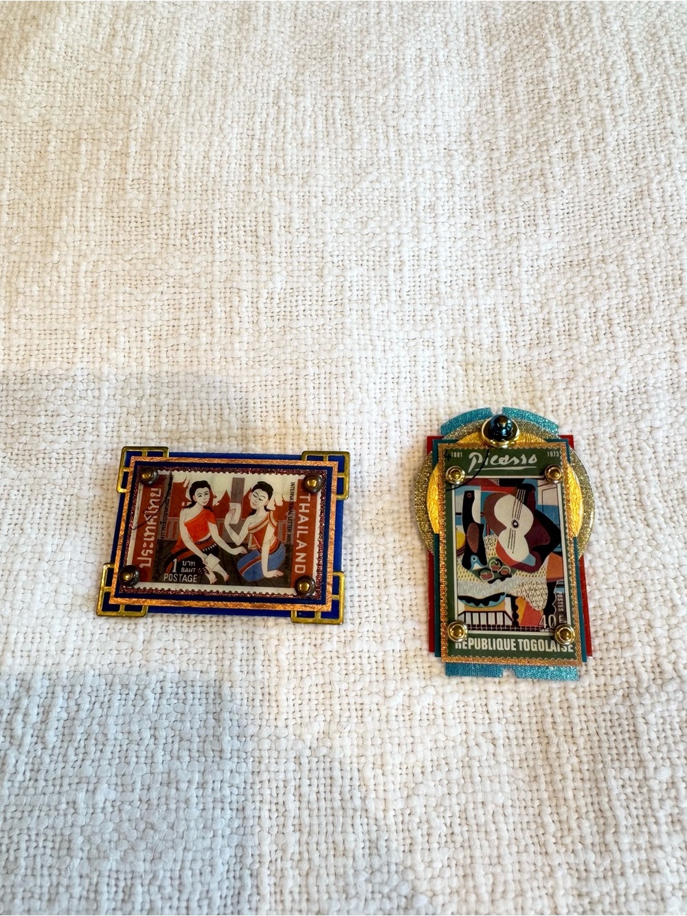Handmade Vintage Postage Stamp Brooch Pin Set Picasso Thailand Travel Artsy